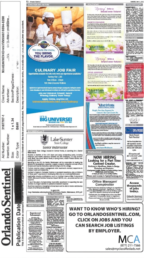 Example of a TEAR sheet as part of the My Classified ads PERM Recruitment advertising services process