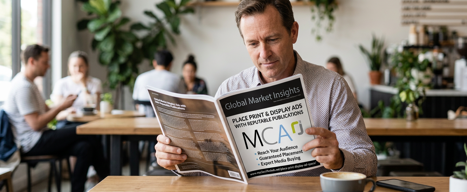 place print display ad space , picture of a man looking at a printed publication