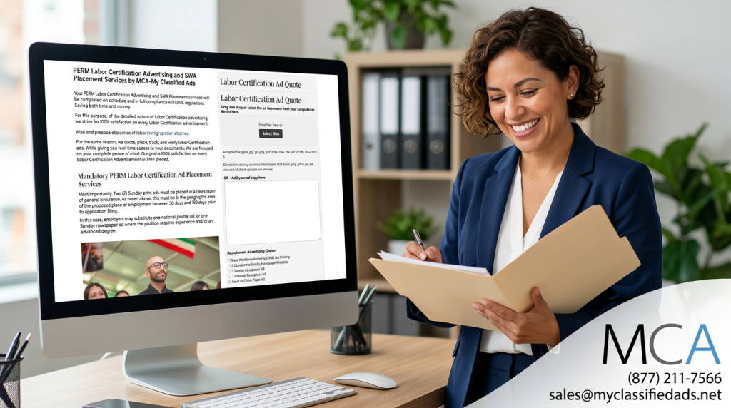 attorney looking at a folder to complete Requirements for Labor Certification Advertising in 2026