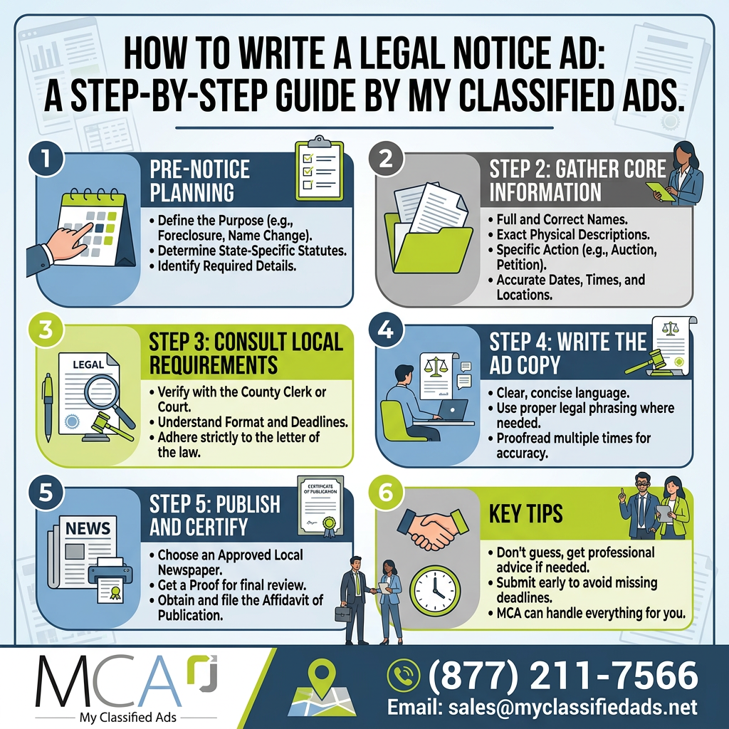 How to write a legal notice ad infographic created by RaeAnne Meyer at My Classified Ads