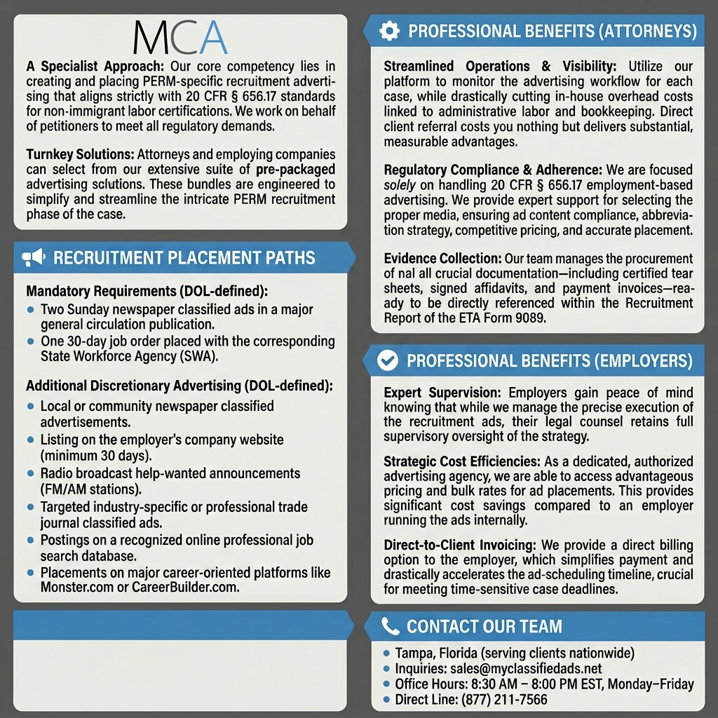 Labor certification /Immigration advertising requirements by my classified ads 